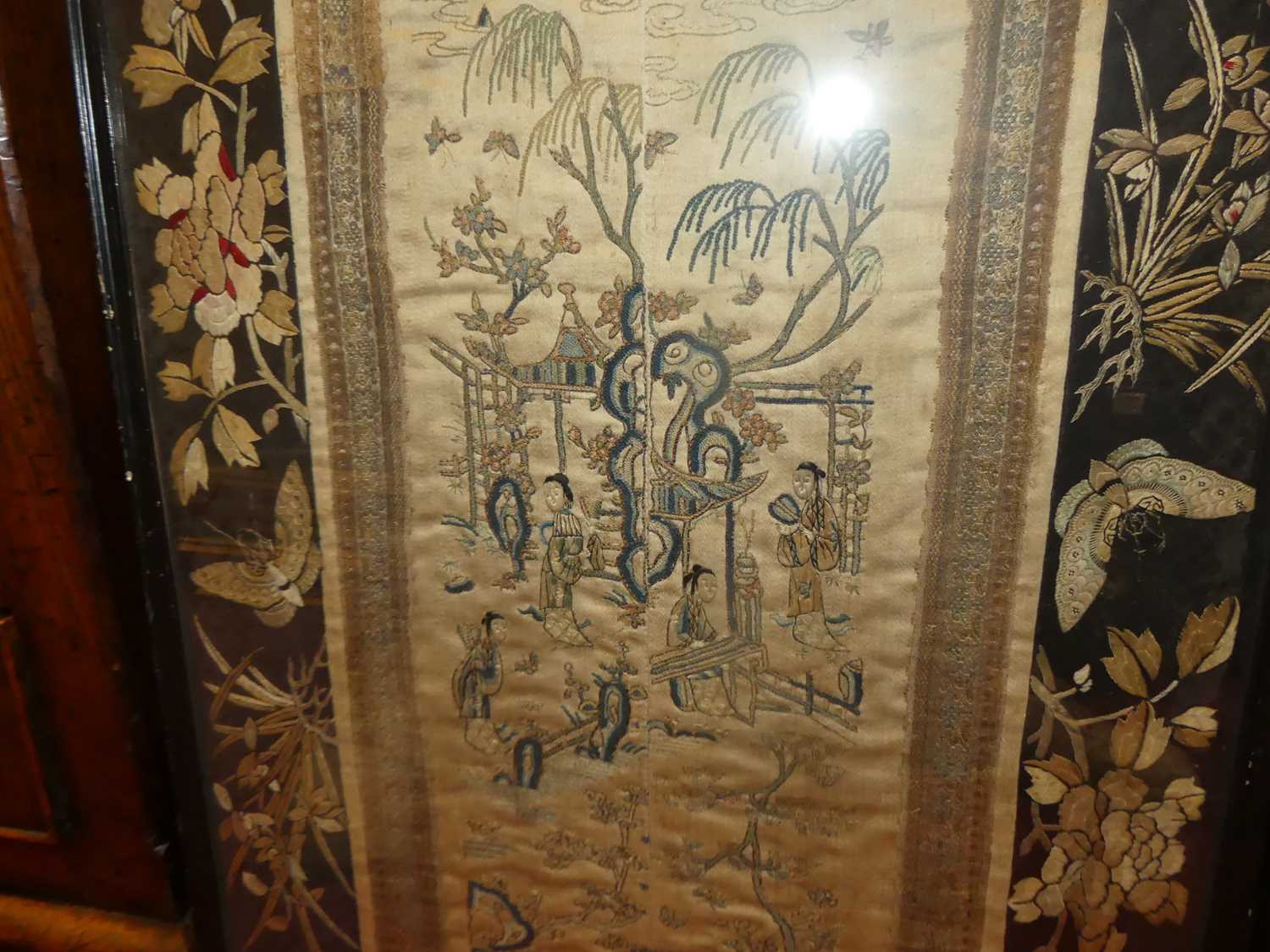 A Japanese Meiji period woven silkwork panel, depicting figures in a landscape, within a border - Image 2 of 6