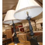 A pair of contemporary black painted metal table lamps each having silk pleated shades, height (