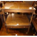 A mahogany square low two tier whatnot with single long lower drawer, raised on castors, width 48.