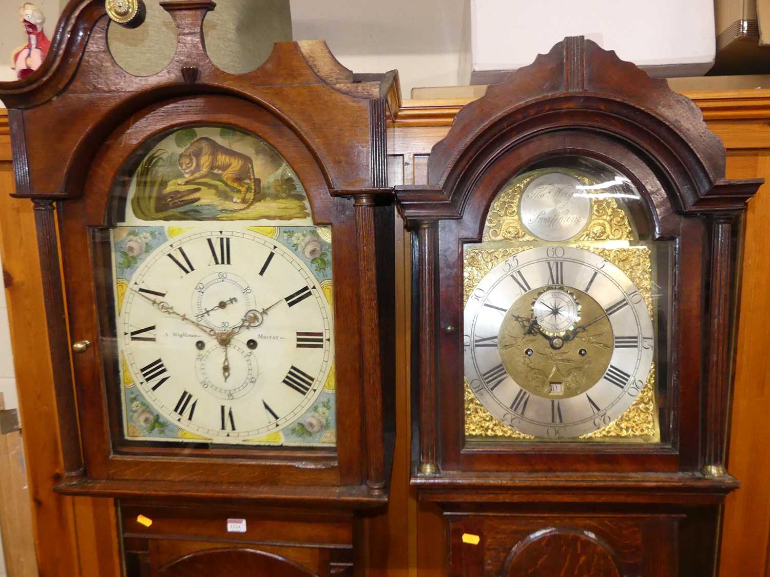 An early 19th century oak long case clock, having a painted arch dial signed A Wightman Moffat, twin - Image 2 of 5