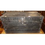 A black painted planked pine hinge top tool chest, width 71cm