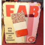 A printed tin sign for FAB Lollies, 70 x 50cm