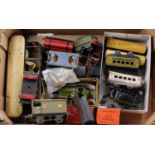 Large tray of mainly Hornby 0-gauge items most in need of renovation. Wagon-Lits sleeping car and