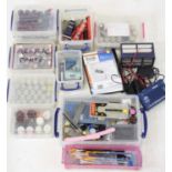One box containing a large quantity of mixed 00 gauge modelling equipment, paints, decoders, BEMFs