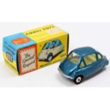 Corgi Toys, 233 Heinkel Economy Car, metallic blue body with yellow interior, flat spun hubs, all