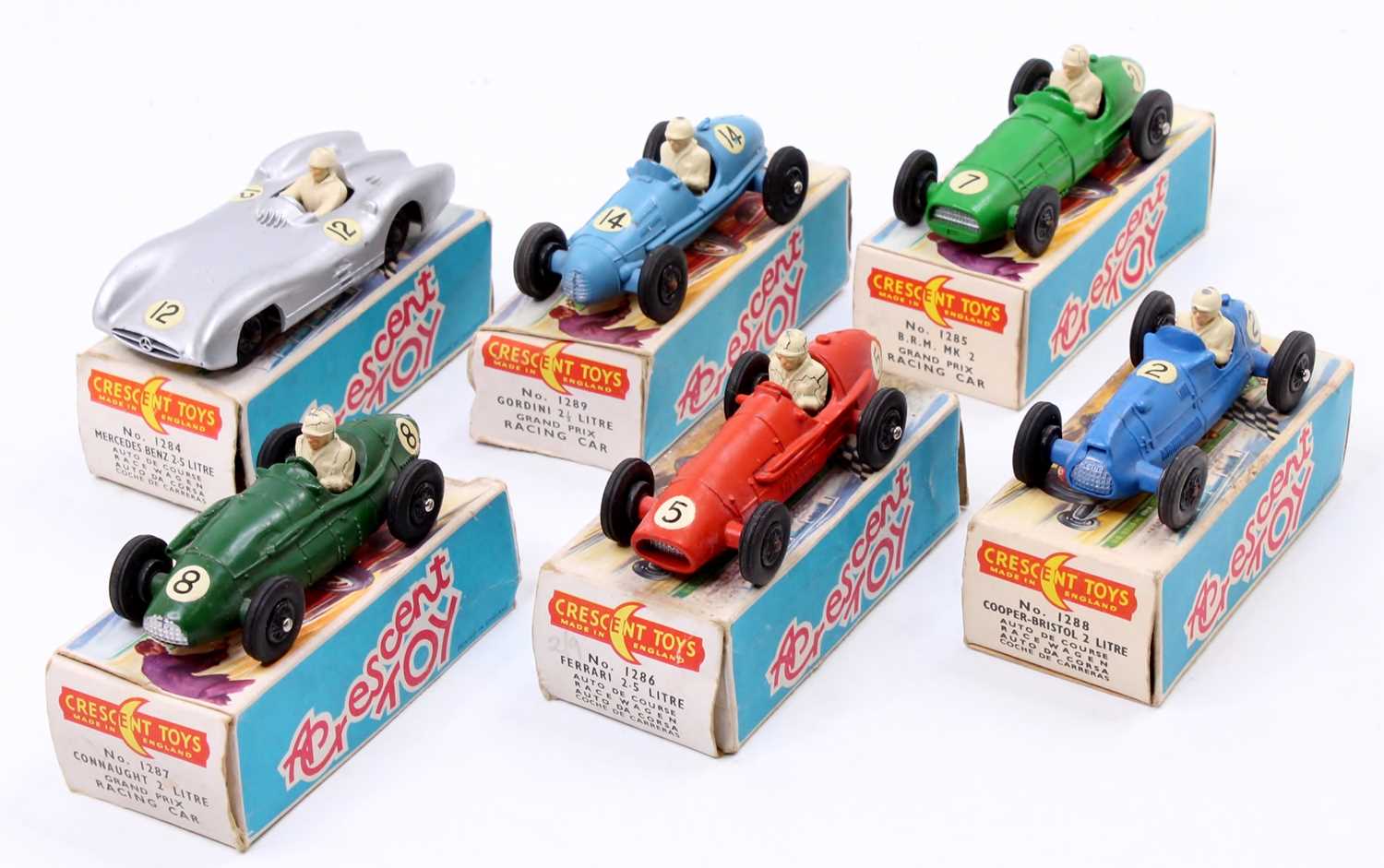 Collection of 6 boxed Crescent Toys Racing Cars, all in original boxes, boxes with some wear and