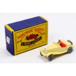 Matchbox Lesney No. 19 MG TD Sports Car in cream with red seats and driver figure - model has a
