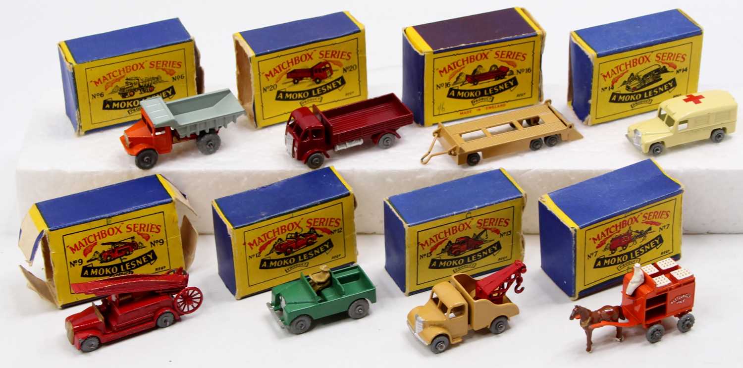 Matchbox Lesney boxed model group of 7 comprising No.6 Euclid Tipper, No.12 Land Rover Series 1,