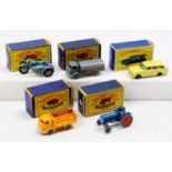Matchbox Lesney boxed model group of 5 comprising No. 4 Triumph Motorcycle and Sidecar, No. 72