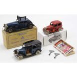 Triang Minic tinplate and clockwork group of 3 comprising No. 39M Pre-war Taxi, blue body with black