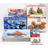 A collection of 7 mixed scale model kits with examples including a Matchbox 1/12th scale Harley