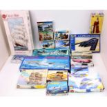 A collection of 18 mixed model kits with examples including an Airfix 1/32nd scale E Type Jaguar,