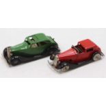 2 Triang Minic tinplate clockwork cars comprising No. 46M Daimler 'sunshine' Saloon in green, and