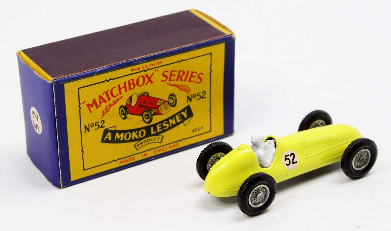 Matchbox Lesney No.52 Maserati 4CLT 1948, bright yellow body, white driver, wire wheels, racing - Image 2 of 2