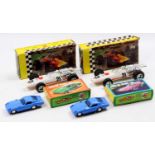 Laurie Toys and Wiltch Toy Makers, boxed plastic race car group, 4 examples