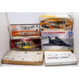 One box of six mixed scale balsa wood and plastic aircraft kits to include an Italeri F-117