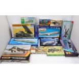 One box of plastic military interest aircraft and vehicle kits to include Italeri Monogram and