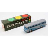 Gamda Toys Israel single deck Coach comprising a two-tone blue & grey body, with a red interior, and