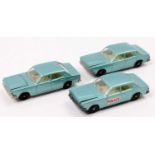 Matchbox Lesney No. 53 Ford Zodiac group of 3 comprising a light metallic blue body, with black