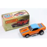 Matchbox Lesney Superfast No. 1 Dodge Challenger comprising an orange body, with blue stars printing
