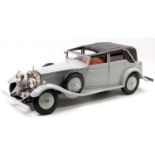 Pocher 1/8th scale kit built model of a Rolls Royce Phantom II, finished in light grey, and housed