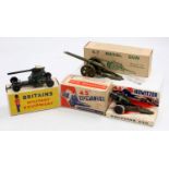 Three various boxed Britains Vintage military field guns and accessories to include a No. 1264 4.7