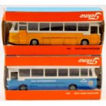 2 boxed Tekno No. 950 Mercedes Benz Buses, the first being in blue with a white roof, a blue