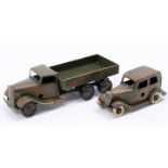 2 Triang Minic tinplate and clockwork military models comprising a 6 Wheel Army Lorry in camouflage,