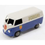 A Tekno No. 413 Volkswagen Van comprising a blue lower, and white upper body, with unpainted hubs,