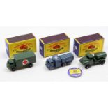 Matchbox Lesney boxed model group of 3 comprising No. 73 RAF Refueller, No. 71 Army Water Truck with