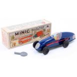Triang Minic tinplate and clockwork No. 13M Racing Car, dark blue body, with printed paper driver,