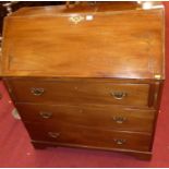 An Edwardian mahogany and chequer strung three drawer slopefront writing bureau, w.93cm