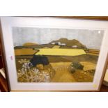 Euan Jennings - Mustard Field, linocut, signed and dated 1960 lower right, numbered 26 lower left,