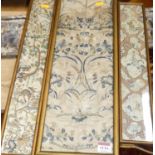 A Japanese silkwork banner, depicting cranes and flowering bamboo, 50 x 16cm, framed, together