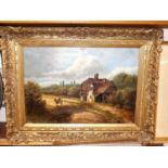 A. Arch - Figure with donkey beside a timbered cottage, oil on canvas, signed lower right, 35 x 50cm