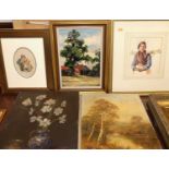 Assorted pictures and prints, to include portrait group watercolour, landscape oil, farm buildings