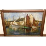 Mid-20th century school - Sailing boats in harbour, oil on canvas, 50 x 74cm