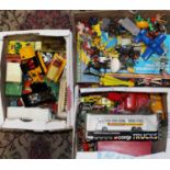 Three trays containing mixed diecast, plastic miniatures, tinplate models etc to include Dinky Toys,