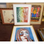 A collection of contemporary artists proof and limited edition prints; a Japanese watercolour on