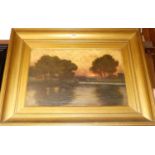 Circa 1900 school - River landscape at sunset, oil on canvas, indistinctly signed lower left, 45 x