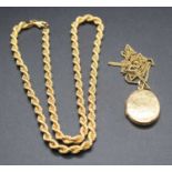 A modern 9ct gold ropetwist necklace, 9.5g, length 43cm; together with a 9ct gold and engraved