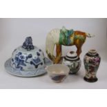 A group of ceramics to include a Tang style pottery horse, and a Nanking pottery vase, h.17cm