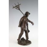 Hans Muller (Austrian 1837-1937) - Farmhand with rake and pitchfork, bronze, signed to base, h.50cm