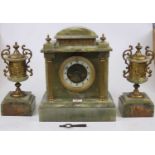 A green onyx three piece clock garniture in the neo-classical style, the clock having an enamel