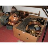 A large collection of miscellaneous metal wares to include copper helmet shaped coal scuttle, copper