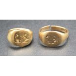 A gent's yellow metal signet ring, marks worn but tests as 18ct, 6.5g, size K; together with a
