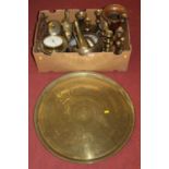 A collection of 19th century and later metalware, to include candlesticks, barometer, and a