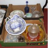 Two boxes of glassware and ceramics, to include a blue overlaid glass decanter and a blue & white