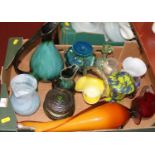 A box of coloured glassware and pottery to include a millefiore glass ewer having a flared rim and