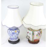 A Chinese Canton porcelain table lamp, height 58cm including shade, together with another similar (